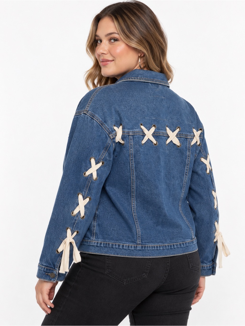 Hollister Womens S Denim Jacket Blue Lace Up Ribbon Back Sleeve Trucker